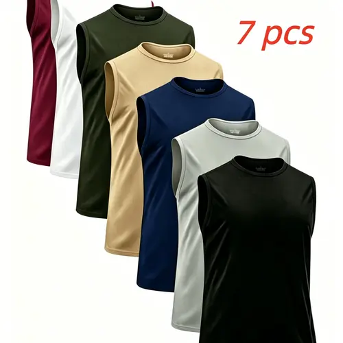 7pcs  Men'S Athletic Breathable Lightweight Sleeveless Vest Loose Fit, Active Quick-Dry Round Neck Sleeveless Top, Men'S Sleeveless Shirt Clothing Top for Gym Training Exercise Quick-Dry Gym Outfits, Mens Clothing Wear Summer Underwear Top for Gym,Running
