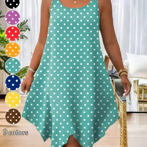 Polka Dot Loose Strap Dress, Women Plus Size Asymmetrical Hem Long Sleeve Shirt Dress, Casual Everyday Vacation Wear, Summer, Daily Option