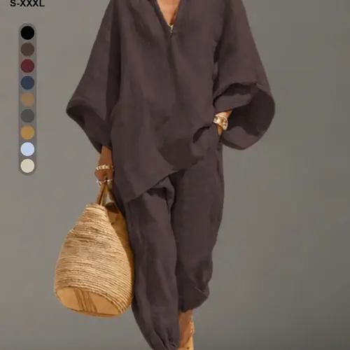 Women's Loose Fit Casual Two-Piece Set, Batwing Sleeve Blouse and Drawstring Pants, Comfortable Travel, Ankle-Length Long Top