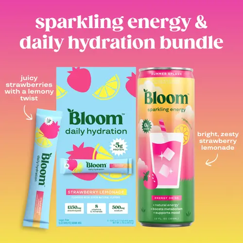 Summer Splash Bundle - Bloom Pop Summer Splash Prebiotic Soda (12 Pack) + Daily Hydration Sticks Strawberry Lemonade (5 Sticks)  - 1350mg Electrolytes, 5g Protein, Gut Health, Sugar-Free, No Caffeine, Hydration & Recovery