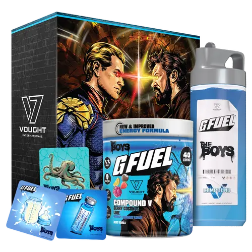 G FUEL Energy Formula | Compound V Collector's Box | Berry Coconut Lime | Collectible Box and Custom Tall Metal Sipper Pack Shaker