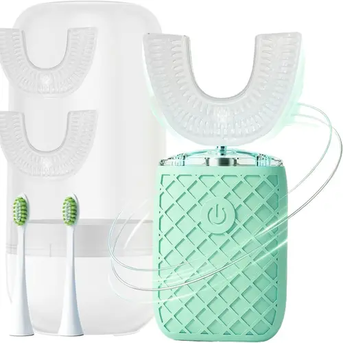 yeklike Sonic Electric U Shaped Toothbrush for Adults, AutomaticFull Mouth Cleaning Toothbrush, 360° Stain Removal, IPX7Waterproof Rechargeable, 3 U-Shape & 2 Straight Brush Heads(Green-Cup)