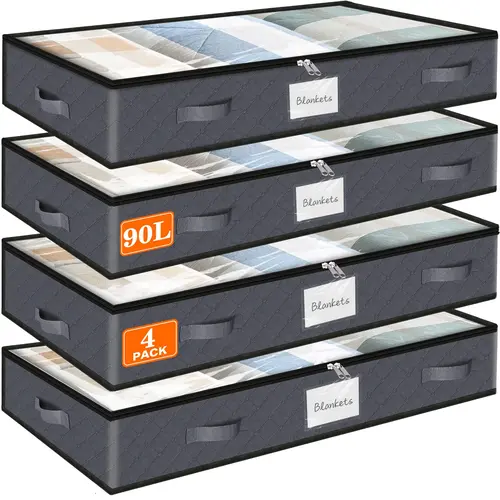 Under Bed Storage Bags 4 Pack, 90L Plain Space-Saving Soft Fabric Containers with Double Zipper, Breathable Organizer for Bedding, Seasonal Clothing, Storage Organization Essentials