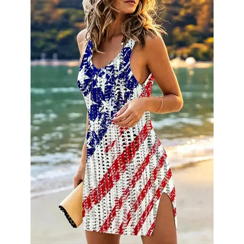 Women's American Flag A-Line Tank Dress - 4th of July Holiday Sundress with Scoop Neck, Hollow Out, Split Thigh, Sleeveless Cut for Casual Sports & Outdoor Comfortable Wear