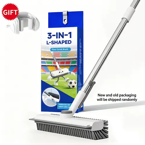 3-in-1 Heavy-Duty Stiff Bristle Scraper Broom - Floor Scrub Brush with Adjustable Sweeping Height Handle, Rotating Head Scrubber-Squeegee Combo, Home Cleaning Tool for Bathroom, Patio, With Handle