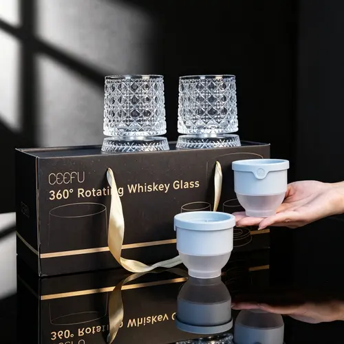 Stylish 2-Piece Rotating Whiskey Glass Set - 360° Spinning Premium Glass Beverage Cups with Ice Ball Molds, Snowflake Design, Gift Box - Festive Home Supplies for Bourbon Scotch Lovers, Husband Gifts