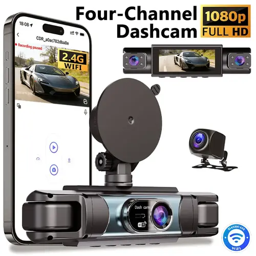 360° Surround View 4 Channel Dash Cam , 1080P FHD , 3.18" IPS Display, Built-in 2.4GHz WiFi App Control, WDR, Loop Recording, Reverse Assist, 4 Lens Front Rear Inside Left Right Car Driving Recorder, Car Security Camera,, Full Panoramic Car Recorder fathe