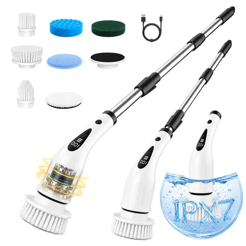 Cordless Electric Spin Scrubber - Wireless Scrubbing Spin Brush, IPX7 Waterproof, USB Rechargeable, 8 Rotating Brushes, Adjustable Speed, Extendable Handle, Long Battery Life, Anti-Tangle, Quick Assembly, For Those Tired of Bending/Kneeling (SummerVibes)