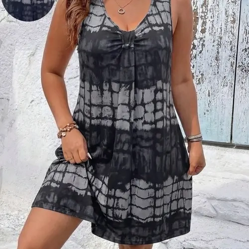 Plus Size Boho Tie Dye Dress, Summer Sleeveless V Neck Short Dress, Slimming Loose Casual Dress, Comfortable and Stylish, Boho Style Dress, Boho Dresses