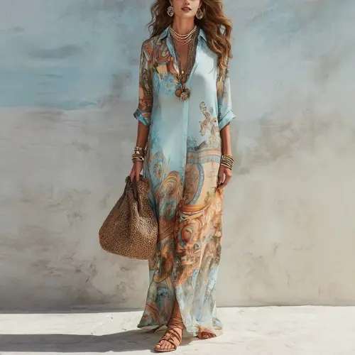 Women's V-Neck Maxi Featuring an Ethnic Printed Color Pattern, Belted Waist, Plussize Curvy Clothing, Lady, Casual Wear, Women's Clothes, Elegant Dresses For Women