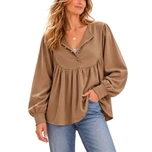 Imily Bela Women's Boho V Neck Button Down Lantern Sleeve Top Casual Loose Fit Flowy Pleated Babydoll Blouses