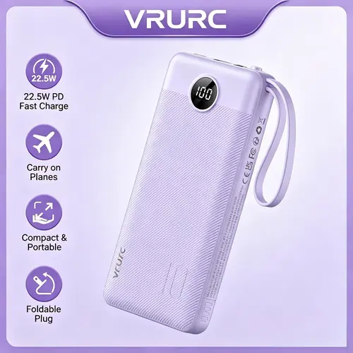 VRURC 10000mAh Portable Power Bank with 4 Built-in Cables, LED Display, Lavender Accessory - Mobile Charger for iPhone, Samsung, Compact Travel Battery Pack, EDC Gear, Multiple Device Charging Essential
