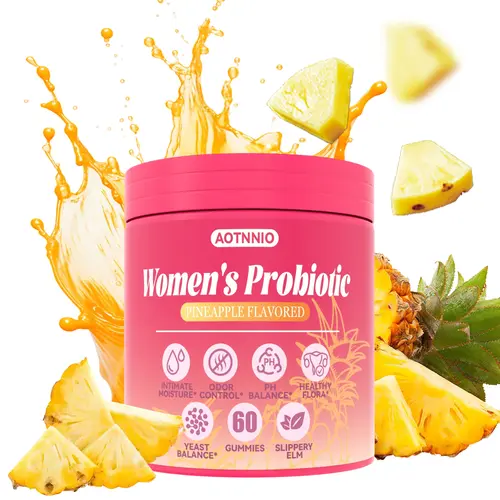 Women's Probiotics Gummies - Pineapple Flavor Support pH Balance & Immune with Slippery Elm, Prebiotics & Lactobacillus, Vegan, Gluten-Free, 60 Gummies