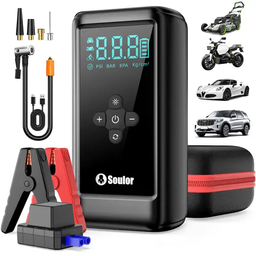 Soulor 3000A Ultra-Safe Jump Starter – Starts all 12V battery vehicles. Features 160 PSI air compressor, 18W fast charging, tire pressure check, and LED light. Includes jumper cables, air hose,Handbag