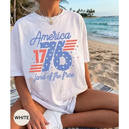 Retro America 4th Of July Shirt Preppy Land of Free Tshirt Trendy Oversized USA Tee Aesthetic Patriotic Summer Shirt