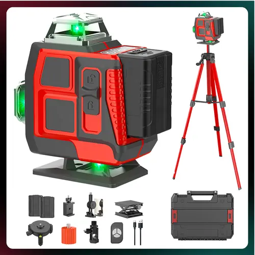 16-Line Green Laser Level with Tripod, Self-Leveling 4D 360° Laser Level Tool, Remote Control,  Batteries, Full Kit for Construction, Tile, Floor & Home Renovation