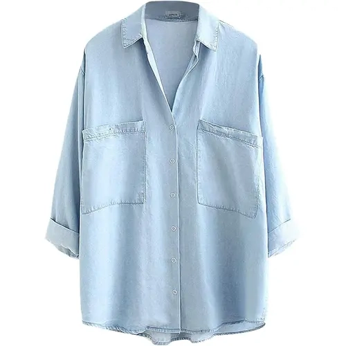 Yimoon Womens Denim Shirt 100%LYOCELL Blue Button Down Jean Shirts Denim Tencel 3/4 Sleeve Tops