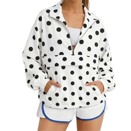 Fisoew Womens Polka Dot Quarter Zip Pullover UPF 50+ Windbreaker Jacket | Stand-Up Collar, Pocket, Oversized, Lightweight, Running, Hiking, Shirts,sohochic