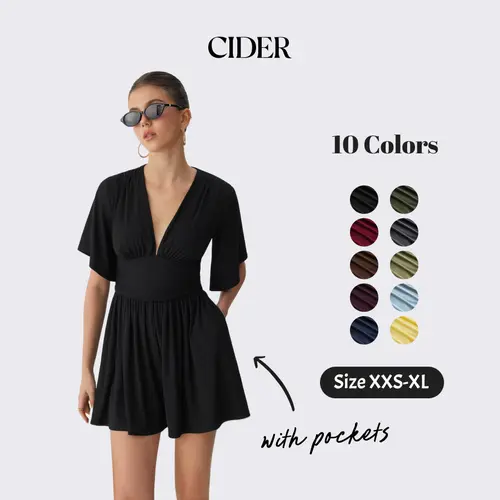 Cider Textured V-neck Ruched Mid Rise Bell Sleeve Romper with Pockets Summer Womenswear Basic Minimalist Jumpsuit SummerFinds