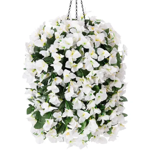 Ivydale 3PCS Faux Decorative Flower Artificial Bougainvillea Silk Set - Round Plastic Hanging Baskets, Long Trailing UV-Resistant Realistic Vines for Front Door, Window (Casual Home Decor for Wardrobe, Garage, Business) (Hotpink, White)
