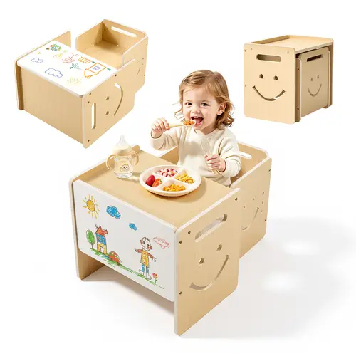 VEVOR Montessori Wooden Adjustable High Chair & Table Set, 3-Height Step Stool with Whiteboard for Toddlers 1-5, Easy to Clean for Eating & Drawing, Kids Furniture for Playroom, Bedrooms, Learning & Holidays, Kids Learning Materials#BacktoSchool