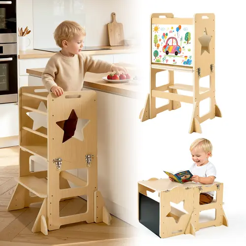 VEVOR 4-in-1 Poplar Plywood Montessori Toddler Tower Furniture Set, Sturdy Kitchen Step Stool with Convertible Uses, 1-5 Yrs Kids (132 lbs Capacity), Table & Chair Set with Chalkboard Sides & Double-Sided Drawing, Easy to Clean, Ideal for Holidays