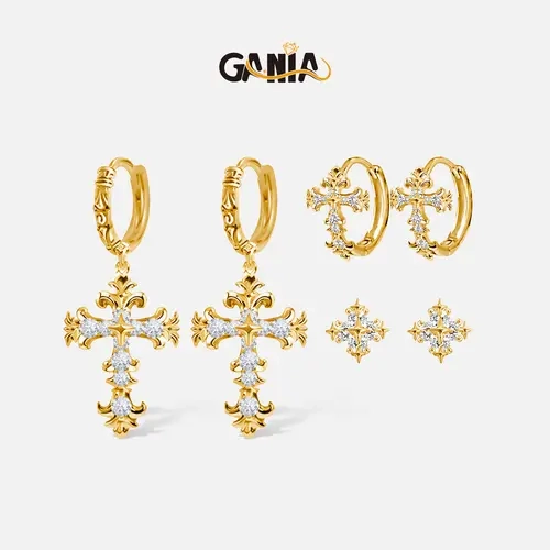 GANIA 18K Gold Plated Cross Earring Set for Unisex, 3 Pairs Sparkling Cross Stud Earrings & Hoop Earrings & Dangle Drop Cross Earrings, Hypoallergenic Vintage Religious Cross Jewelry Multipack, Ideal Gift for Birthday, Christmas & Thanksgiving Day