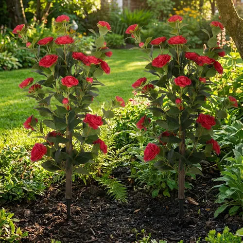 DLD 3-foot red simulated camellia plants with ground plugs, simulated flowering trees for indoor and outdoor home decoration, and high simulation potted plants for living room, balcony and terrace.