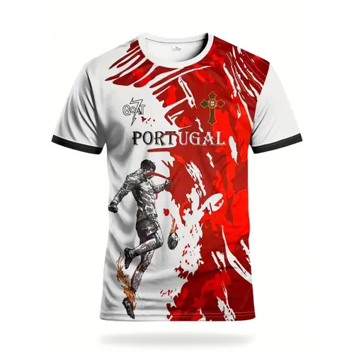 Male Fitted Portugal All Over Print Vibrant Soccer Jersey - Lightweight, Sweat-Wicking, Quick-Dry, Breathable Round Neck EU Fan Tribute Athletic Active Top with European Fan Commemorative Elements, Machine Washable All-Seasons Sports Top for Hiking, XXXXL
