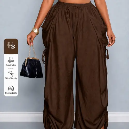 Lady's High-Rise Oversize Wide Leg Trousers - Basic Casual Plain Woven Fabric Bottoms with Adjustable Side Drawstring for Everyday Daily Wear, Comfortable, Baggy Pants, Curvy Women Plus Size, Wide-Leg Pants, Chic, Oversized