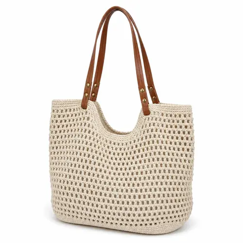 Crochet Tote Bag for Women, Hollow Out Knitted Mesh Shoulder Bag with Faux Leather Handles, Summer Beach Bag, Boho Woven Purse for Travel, Vacation, Shopping & Daily Use,camping essentials