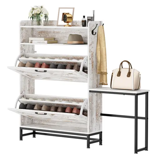 Nicole Selection Modern Narrow Entryway Shoe Cabinet - 13.5" Depth Space Saving Organizer, Large Capacity Hallway Storage Bench for Home, White