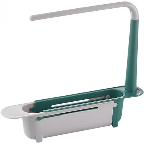 Adjustable Telescopic Sink Organizer with Cloth Hanging Rod & Hollow Sink Side Draining Boards, Stretchable Kitchen Storage Caddy for Cleaning Supplies