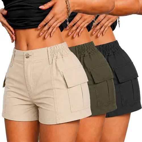 Women's 3-Pack European-American Style High Waist Cargo Shorts, Button Front, Elastic Back Hem, Multiple Pockets, Quick Dry, Smooth, Versatile, Ideal for Outdoor Activities, Commuting, Beach, Matching Tops, Crop Tops, Garment, Basic Minimalist Bottoms