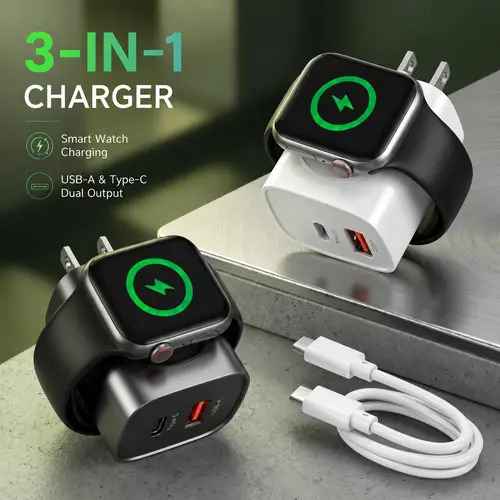 3-in-1 Magnetic Wireless Cordless PD USB-C Wall Charger Block - 20W Fast Charging, Includes Cable, Compatible with iWatch Ultra/9/8/7/6, iPhone 17/17 Pro/16/16 Pro/15 Series, Electronic Cellphone, Apple Watch Seires