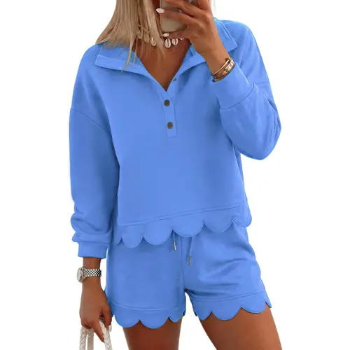 FISOEW Womens 2 Piece Sweatsuit, Basic Casual Matching Set with Long Sleeve Half-Button Top and Shorts, Comfortable Loungewear, Women's Clothes, Two Piece Sets