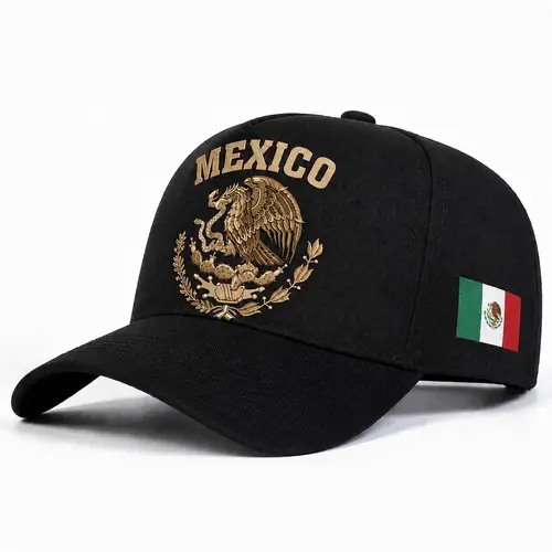 Unisex Mexico Fan Hat in Black with Gold Embroidery Eagle Emblem, Sporty Design Featuring a Structural Crown and Side Flag Patch