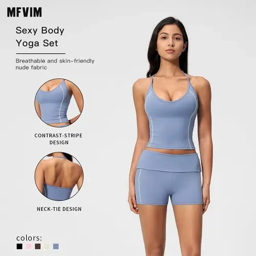 MFVIM Women’s New Nude-Tone Halter Yoga Set — Contrast Lines, Breathable & Skin-Friendly, Rolled Waistband, Two-Piece Activewear,sohochic