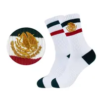 Mexican Pride Gold Eagle Embroidered Retro Crew Socks - Cotton Athletic Striped Streetwear Socks for Back to School, Sept 16 Independence Day & Holiday Gift, Calf High, Stripes