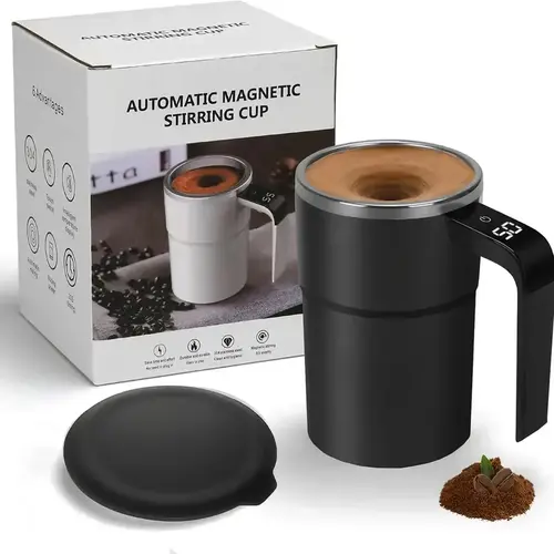 Novelty Rechargeable Automatic 60-use Magnetic Self-Stirring 304 Stainless Steel Coffee Mug - Food-grade ABS Body Feels Secure, 2-bar Long Life Stir Bar, Built-in LCD Thermometer, Tumbler Shape Portable Cup for Milk, Hot Cocoa (Home, Office Use)