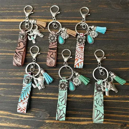 Vintage Western Cowboy Authentic Leather Keychain, Natural Cowhide Pendant With Turquoise Accent, Retro Bag Accessory For DIY Luggage-Bag Decor & Daily Use, Authentic Keychain