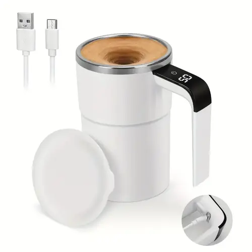 Stainless Steel Reusable Washable ABS Automatic Magnetic Self-Stirring Coffee Mug - Rechargeable Electric Stirring Cup, Built-in LCD Thermometer, Portable Tumbler for Milk, Hot Cocoa, Home Office, School Use