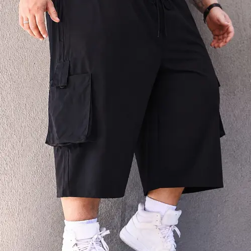 Large Size Men's Cargo Style Shorts, Drawstring Waist, Side Pockets, Ideal for Summer Hiking, Multi-Pocket Design, Comfortable Casual Wear, Casual Polyester Shorts