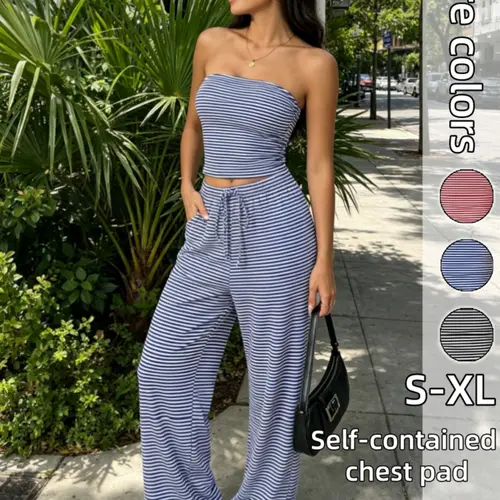 Wearable Striped Strapless Tube Top Two Piece Set Wide Leg Pants Summer Vibes Streetwear Pajama Set Casual Loungewear Womens Fashion Off Shoulder Top Vacation Outfits Activewear Set Deals For You Days