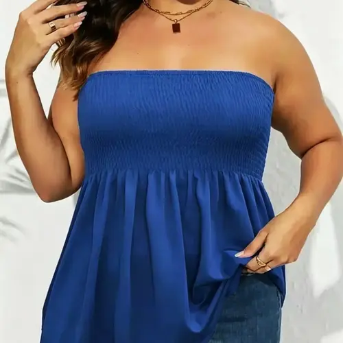 Plus Size Solid Ruffle Hem Shirred Statement Tube Top, Boho Chic Fashion Casual Sleeveless Strapless Peplum Top, Solid Tank Top for Daily Holiday Vacation Wear, Women Plus Clothing for All Seasons, Summer Outfits 2024