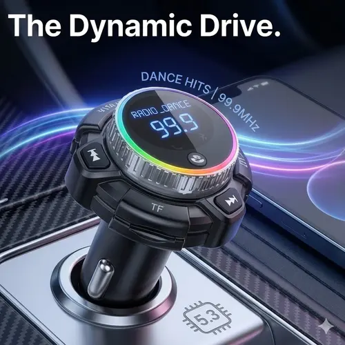 【summerfinds】Bluetooth FM Transmitter Car Charger, Modern PVC ABS Rechargeable Audio & Video Accessory for Cars with PD Fast Charging, 2 USB Ports, Rotating Knob, RGB LED Ambient Light, Driving Audio Support, Rechargeable Car Charger Audio & Video Accesso