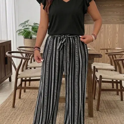 Plus Size Women's Summer Lightweight 2-Piece Outfit Set, V-Neck Ruffle Sleeve Top & High-Waisted Striped Wide-Leg Pants with Pockets, Slimming & Elongating Fit, Clothes