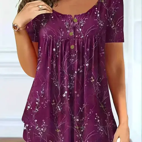New Arrival Floral Branch Print Button Front Pleated Summer Women's Plus Size Aesthetic Fashion Short Sleeve Top Blouse, Elegant Loose-Fitting Clothing, Elegance