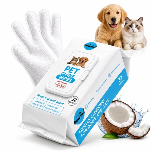 Kawiwi 32 Pcs Double-Sided Hypoallergenic Grooming Wipes Gloves - Coconut-Scented, Natural, Alcohol-Free, Moisturizing, No-Rinse for Dogs & Cats, Odor Removal, Paws to Ears Clean, Reach Every Corner