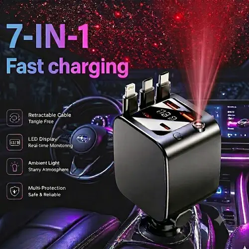 120W Retractable Car Charger - 7-in-1 Fast Charging Hub with Starry LED Galaxy Projector, PD 20W/65W USB-A Multi-Port Adapter, Premium High Efficiency Charger & Cars Accessories Fast Charging Solution for Smartphones & Tablets (USB Powered Charging)